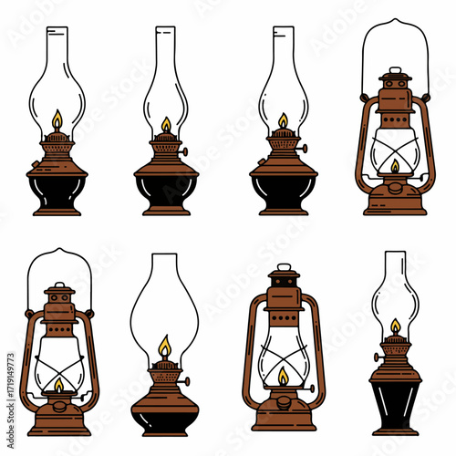 Vector set of vintage kerosene and oil lamps, featuring traditional designs and burning flames, isolated on white background for classic illumination.