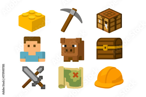 Sandbox Game Icons. Flat icon set of sandbox games: building block, pickaxe, crafting table, character avatar,