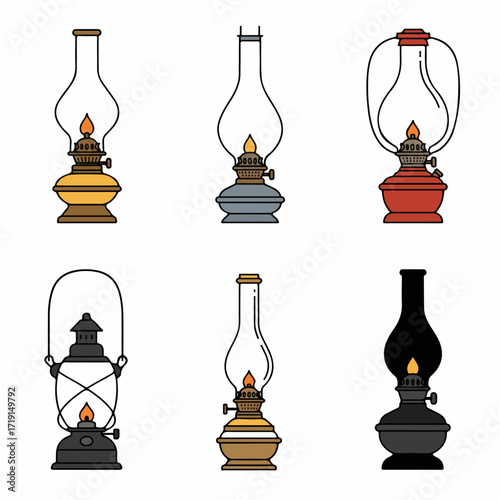 Collection of various vintage oil lamps and kerosene lanterns, simple flat design illustrations showcasing traditional light sources for ambient or emergency lighting.
