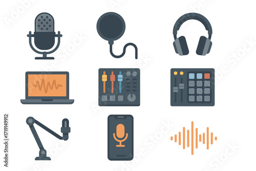Podcast Equipment Icons. Flat icon set of podcast equipment: studio mic, pop filter, headphones, audio mixer,