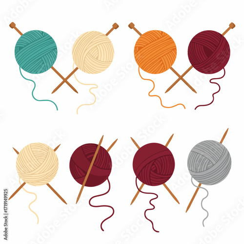 Set of colorful yarn balls with knitting needles, flat vector design for textile, craft, and DIY themes, isolated on white.