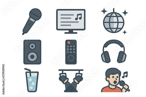 Karaoke Icon Collection. Flat icon set of karaoke: microphone, lyrics screen, speaker, disco ball, remote