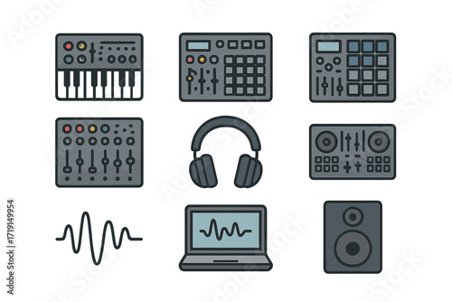 Electronic Music Icons. Flat icon set of electronic music: synthesizer, drum machine, sampler pad, modular