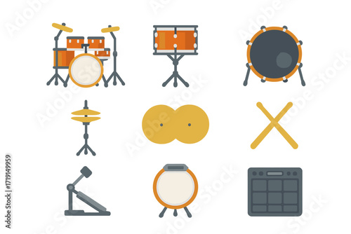 Drum Gear Icons. Flat icon set of drum gear: drum kit, snare drum, bass drum, hi-hat, cymbals, drumsticks,