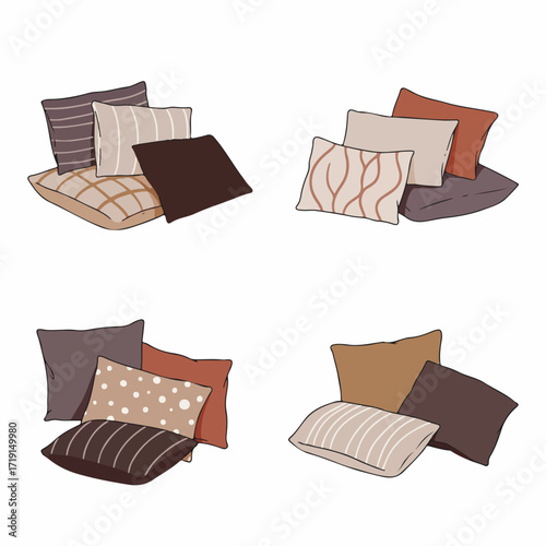 Hand-drawn collection of decorative pillows in warm earthy colors, featuring various patterns for cozy home interior designs.