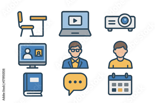 Hybrid Learning Icons. Flat icon set of hybrid learning: classroom desk, laptop, projector, video call icon,