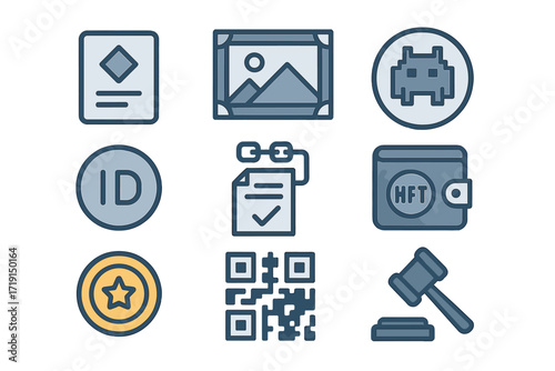 NFT Icon Set. Flat icon set of NFTs & collectibles: NFT card, digital art frame, pixel icon, token ID,