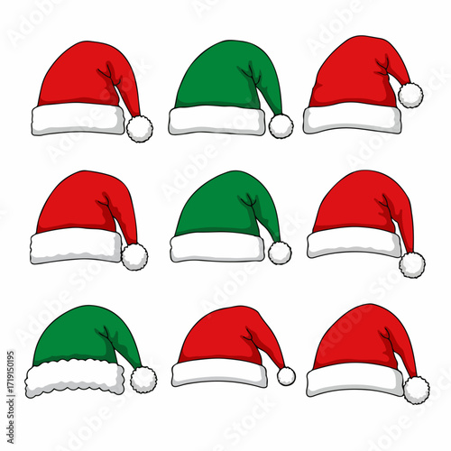 Collection of festive cartoon Santa and Elf hats in red and green with white trim and pom-poms, ideal for Christmas holiday designs, illustrations, and seasonal graphics.