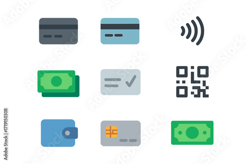 Payment Method Icons. Flat icon set of payment methods: credit card, debit card, contactless icon, cash, check