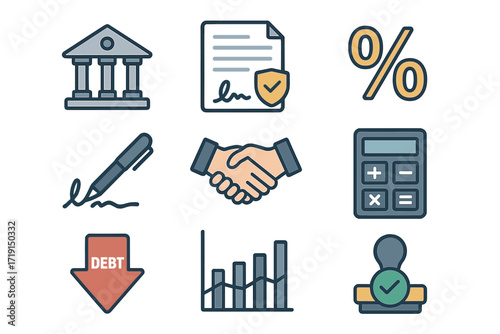 Loan Services Icons. Flat icon set of loan services: bank building, loan contract, interest percentage,