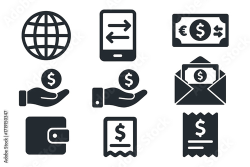 Remittance App Icons. Flat icon set of remittance apps: globe icon, smartphone with arrows, cash transfer,