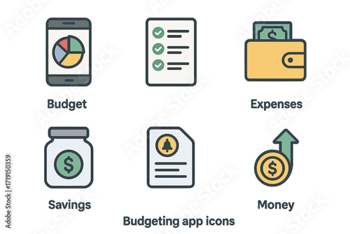 Budgeting App Icons. Flat icon set of budgeting apps: smartphone with pie chart, budget list, expenses icon,