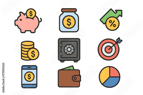 Digital Savings Icons. Flat icon set of digital savings: piggy bank, savings jar, interest rate arrow, coin