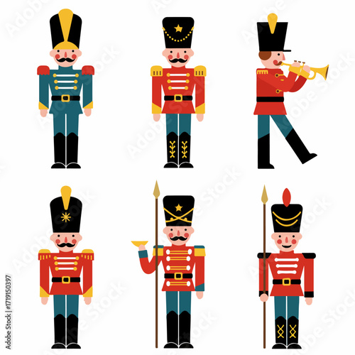 A vibrant collection of flat design toy soldiers and nutcrackers in various poses, featuring a trumpeter and spearmen, perfect for festive or whimsical themes.