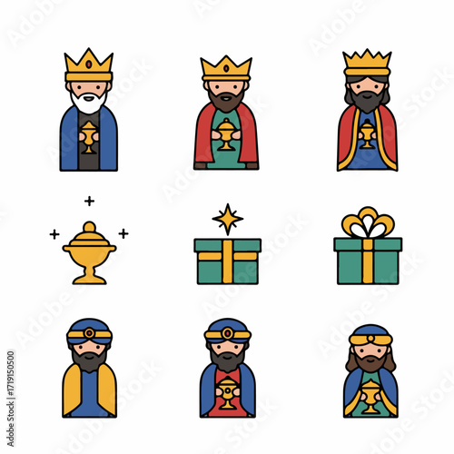 A collection of colorful icons depicting the Three Wise Men, their gifts, and the star, representing the Nativity and Epiphany celebrations.
