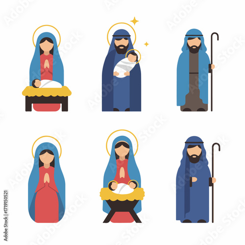 Minimalist Nativity scene character illustrations featuring Mary, Joseph, and baby Jesus in various poses, ideal for Christmas and religious designs.