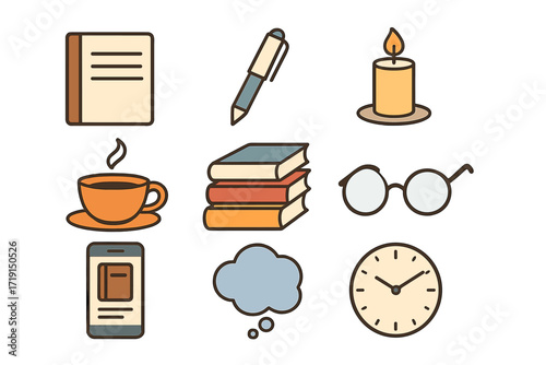 Journaling Icons Collection. Flat icon set of journaling & reflection: notebook, pen, candle, tea cup, book