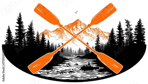 Wallpaper Mural Oval graphic of crossed paddles, mountain range, river, and forest Torontodigital.ca