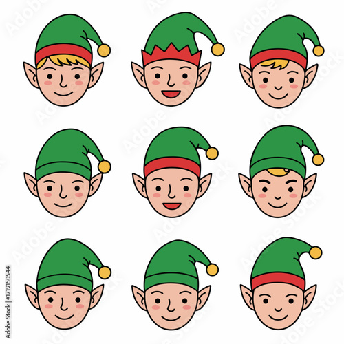 A charming collection of nine cartoon Christmas elf faces, each with a green hat and pointy ears, perfect for festive holiday designs and joyful seasonal themes.