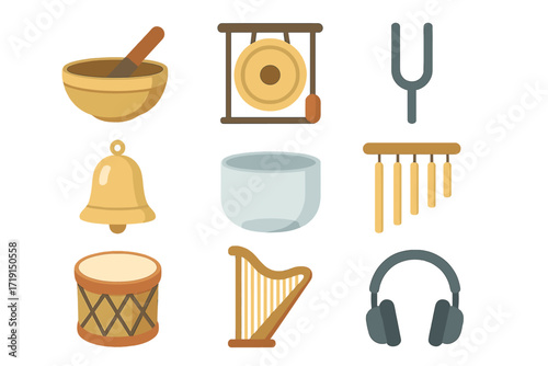 Sound Healing Icons. Flat icon set of sound healing: singing bowl, gong, tuning fork, bell, crystal bowl,