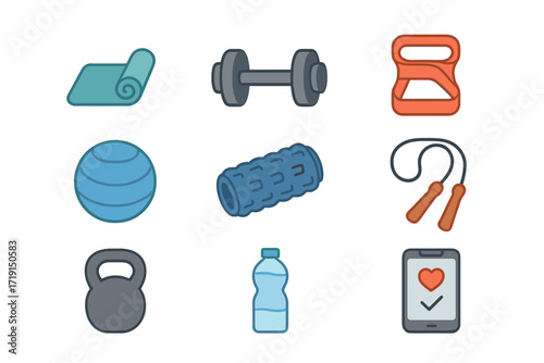 Home Workout Icon Set. Flat icon set of home workouts: yoga mat, dumbbell, resistance band, stability ball,