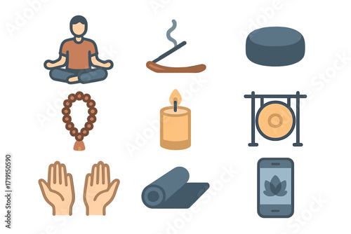 Mindfulness Icon Set. Flat icon set of mindfulness & meditation: lotus pose, incense stick, meditation cushion
