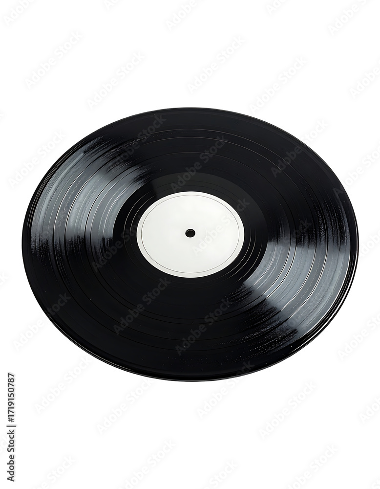 Obraz premium A black vinyl record with a blank white label, centered and subtly reflecting light, showcases its grooves and glossy surface against a pure black background