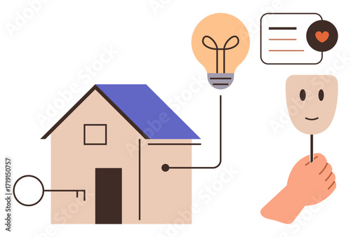 House with key, glowing light bulb, and a hand holding a smiling mask connect ideas of homeownership, creativity, and self-expression. Ideal for real estate, innovation, self-discovery, identity