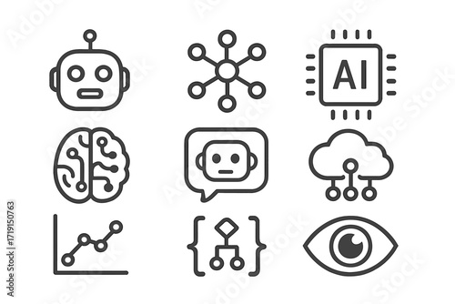 AI Icon Collection. Flat icon set of artificial intelligence: robot head, neural network, AI chip, brain