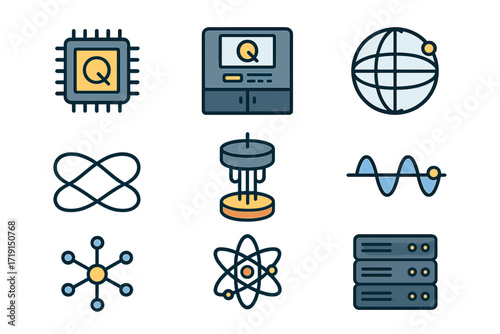 Quantum Technology Icons. Flat icon set of quantum technologies: quantum chip, quantum computer, qubit sphere,
