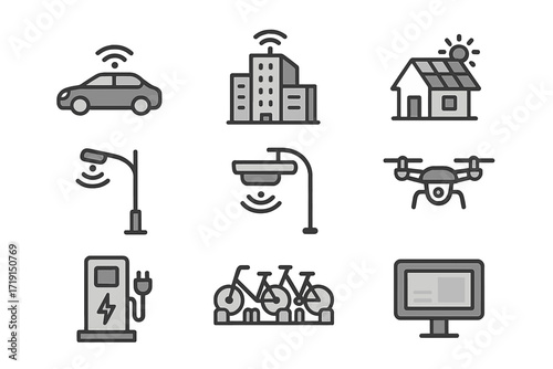 Smart Cities Icons. Flat icon set of smart cities: autonomous car, smart building, solar panel roof, connected
