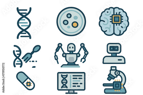 Biotech & AI Icons. Flat icon set of biotechnology & AI: DNA strand, petri dish, brain implant, gene editing