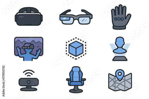 Virtual Reality Icons. Flat icon set of virtual & augmented reality: VR headset, AR glasses, haptic gloves, 3D