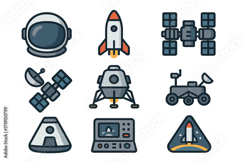 Space Exploration Icons. Flat icon set of space exploration: astronaut helmet, rocket launch, space station,