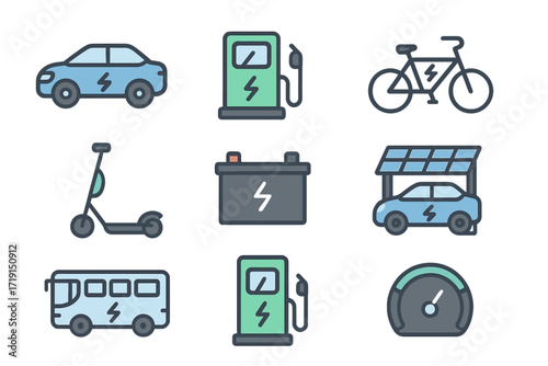Electric Mobility Icons. Flat icon set of electric mobility: electric car, charging station, e-bike, electric