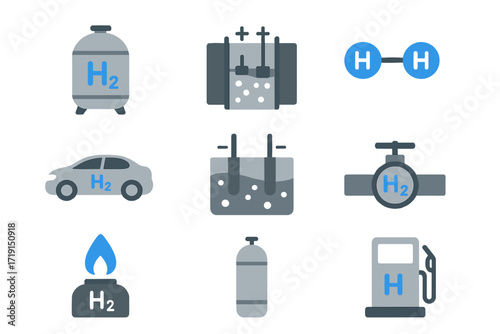 Hydrogen Energy Icons. Flat icon set of hydrogen energy: hydrogen tank, fuel cell, H2 molecule, hydrogen car,