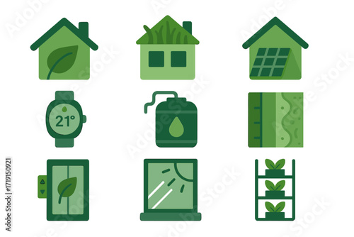 Eco Building Icons. Flat icon set of green buildings: eco house, green roof, solar windows, smart thermostat,