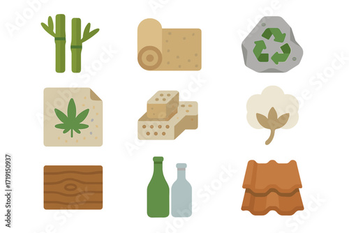 Sustainable Materials Icons. Flat icon set of sustainable materials: bamboo, cork roll, recycled metal, hemp
