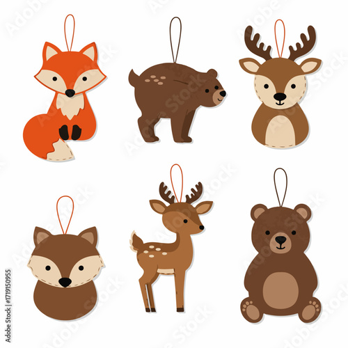Cute forest animal felt ornaments set, featuring foxes, bears, and deer, perfect for craft projects, baby showers, or holiday decorations with a whimsical, handmade aesthetic.