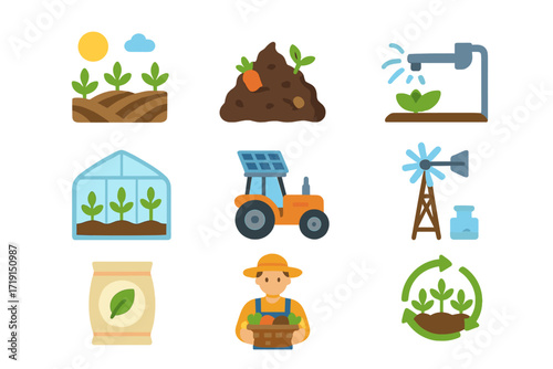Sustainable Farming Icons. Flat icon set of sustainable farming: organic field, compost pile, irrigation