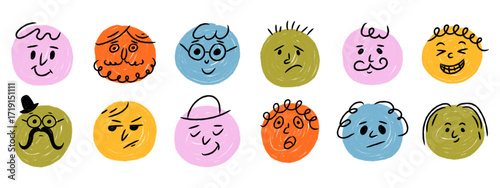 Doodle crayon emoji face icon set. Hand drawn cartoon emoticons with different emotions and expressions. Vector round sketch illustration.