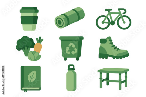 Green Lifestyle Icons. Flat icon set of green lifestyle: reusable mug, yoga mat, bike, fresh veggies, compost