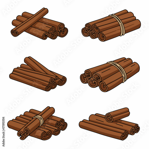 Cinnamon Sticks Collection Illustration: Various bundles and loose spice elements for culinary, baking, and aromatic uses on a white background.