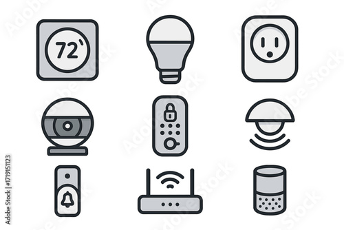 Smart Home Icon Set. Flat icon set of smart home basics: smart thermostat, smart light bulb, smart plug,
