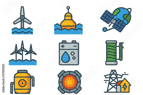 Future Energy Icons. Flat icon set of future energy: tidal turbine, wave buoy, space solar panel, floating