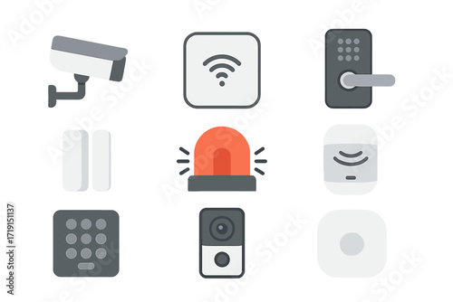Home Security Icon Set. Flat icon set of home security IoT: CCTV camera, smart alarm, door lock, window sensor