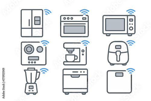 Smart Kitchen Icons. Flat icon set of smart kitchen devices: smart fridge, connected oven, smart microwave,