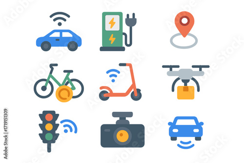 IoT Transportation Icons. Flat icon set of IoT transportation: connected car, EV charger, GPS tracker, bike