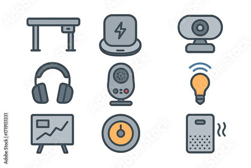 Smart Office Icons. Flat icon set of smart office: smart desk, wireless charger, webcam, noise-canceling