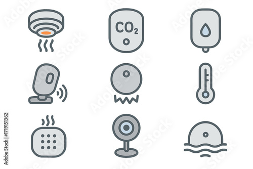 Home Monitoring Sensors. Flat icon set of home monitoring: smoke detector, CO2 sensor, water leak sensor,